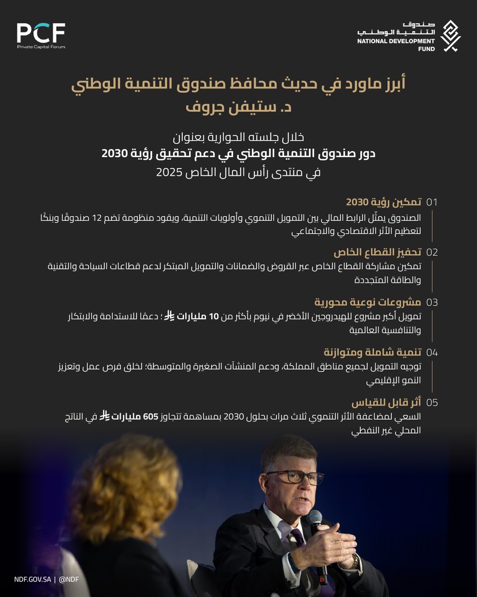 NDF's tweet image. في منتدى رأس المال الخاص 2025، أكد محافظ @NDF  د. ستيفن جروف أن  التمويل التنموي هو أحد الممكنات الرئيسية لتحقيق #رؤية_2030
