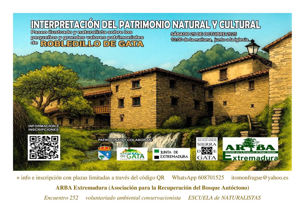 strebedes's tweet image. #ARBAExtremadura (Asociación para la Recuperación del Bosque Autóctono) - Encuentro 252 - voluntariado ambiental conservacionista.
INTERPRETACIÓN DEL PATRIMONIO NATURAL Y CULTURAL.
Paseo ilustrado sobre los pequeños y grandes valores patrimoniales #Robledillodegata #sierradegata.