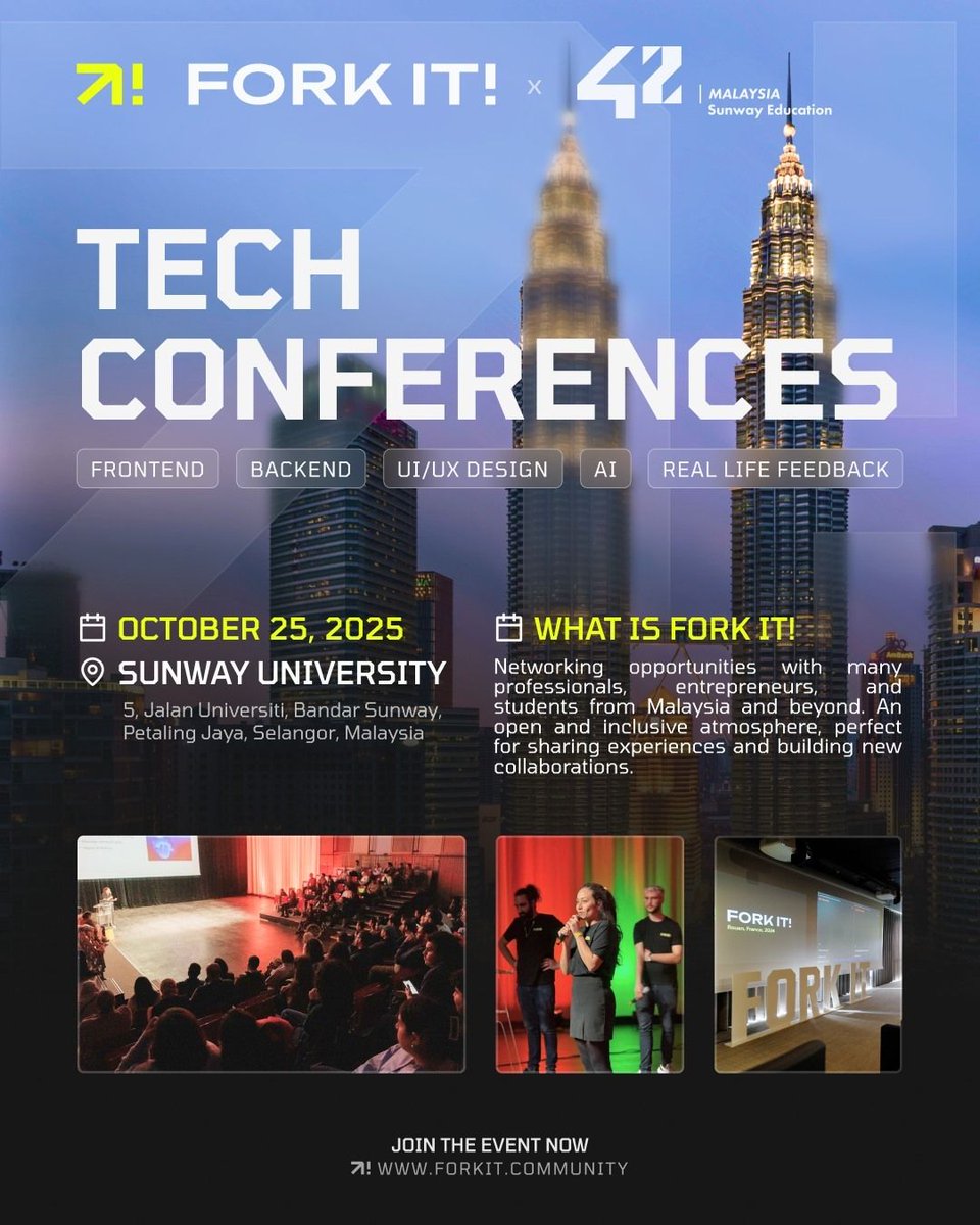 darentanDZ's tweet image. The global tech community conference, FORK IT! has landed in Malaysia!👑🇲🇾
FORK IT! is a community run by developers with real-world experience in event organization. They aim to create spaces where knowledge flows freely, and everyone feels welcome.