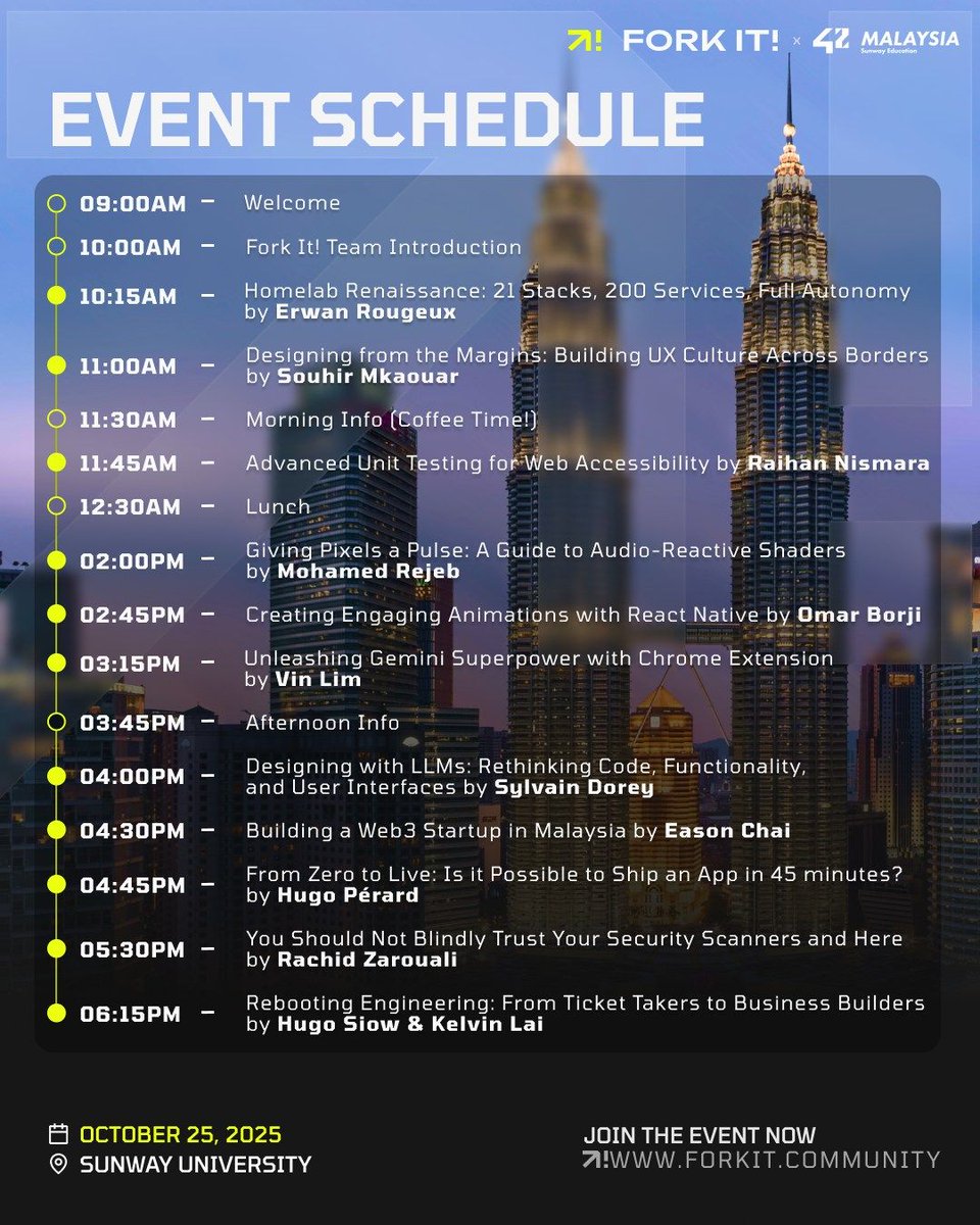 darentanDZ's tweet image. The global tech community conference, FORK IT! has landed in Malaysia!👑🇲🇾
FORK IT! is a community run by developers with real-world experience in event organization. They aim to create spaces where knowledge flows freely, and everyone feels welcome.