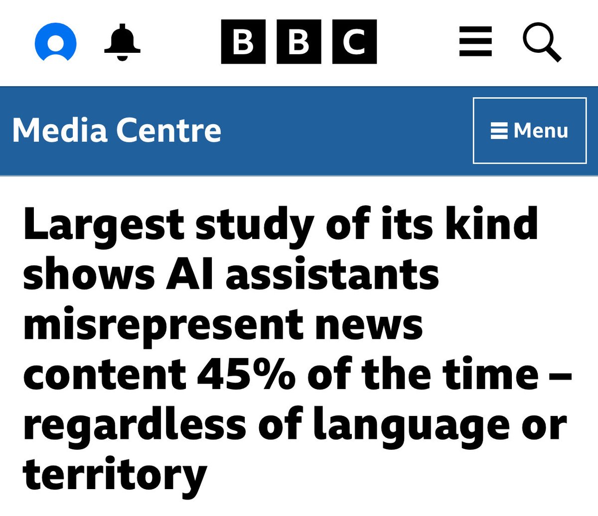 → 45% of AI answers had at least one significant issue

→ 31% of responses showed serious sourcing problems (missing, misleading, or incorrect)

→ 20% contained major accuracy issues, including hallucinated details and outdated information

🔗 bbc.co.uk/mediacentre/20…
