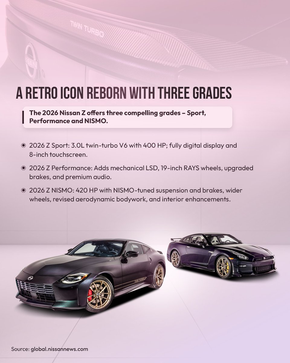 officialRNTBCI's tweet photo. A modern tribute to a 90's icon. The 2026 Nissan Z Heritage Edition blends classic Z32 design with modern performance - from its hood bulge and crescent LEDs to iconic tail lights and a driver-focused cockpit.
#NissanZ #HeritageEdition #Z32 #ModernClassic #ZPerformance #NISMO https://t.co/lx26BwwoJ7