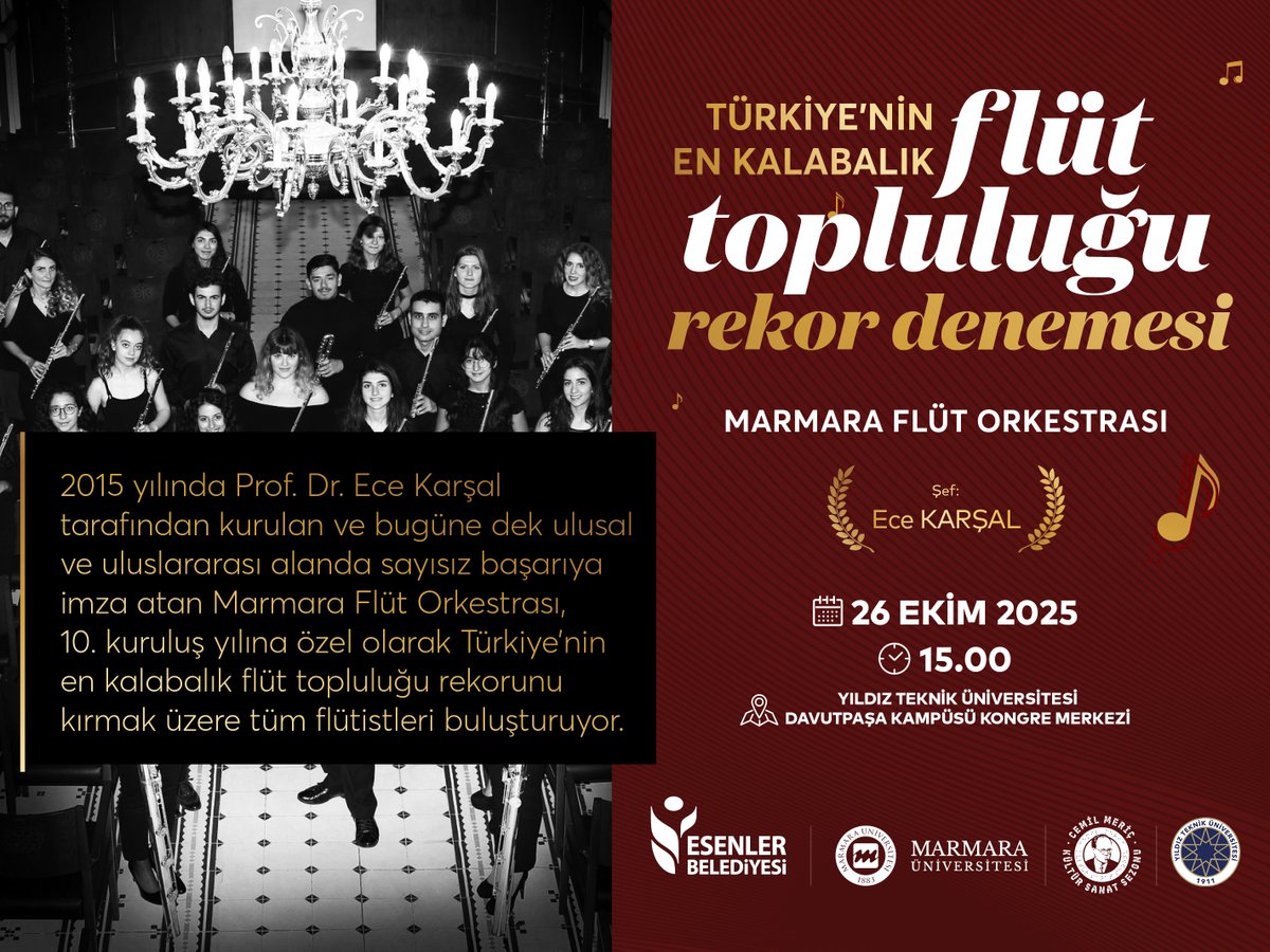 esenlerkultur's tweet photo. 10. yıla özel Marmara Flüt Orkestrası’ndan rekor denemesi! 🎶

Türkiye’nin dört bir yanından gelen birçok flütist, aynı sahnede buluşarak “en kalabalık flüt topluluğu” rekorunu kırmayı hedefliyor.

Bu özel buluşma, pazar saat 15.00'te Yıldız Teknik Üniversitesi Davutpaşa Kongre Merkezi'nde.