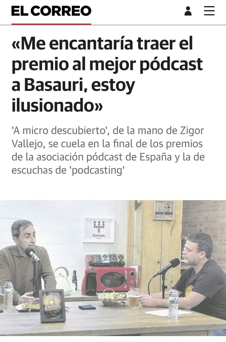 Hoy en <a href="/elcorreo_com/">El Correo</a> salgo hablando de este proyecto, de los premios de <a href="/Asespod/">Asespod</a> de los de la <a href="/asociapodcast/">Asociación Podcast</a> de mis primeras <a href="/Jpod25Terrassa/">Jpod25Terrassa</a> y muuucho más!!

Donde? Aquí!!

elcorreo.com/bizkaia/nervio…