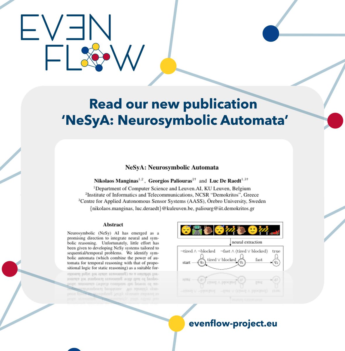 EvenflowProject's tweet image. 📢 New publication!
 Evenflow presents NeSyA: Neurosymbolic Automata — tackling sequence modeling in Neuro-Symbolic AI with strong performance &amp;amp; scalability.
🧠 Read: arxiv.org/pdf/2412.07331
📚 More: evenflow-project.eu/publications/

#NeurosymbolicAI #AIResearch #SymbolicAI