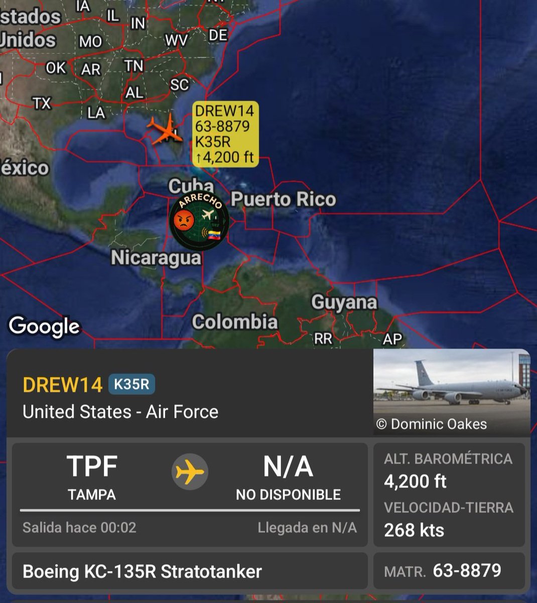 Arr3ch0's tweet photo. Hoy cerca de las 8:30UTC salió de Dyess AFB el bombardero B1-B Lancer de la Fuerza Aérea 🇺🇲 registro 86-0127 en dirección Este. Aproximadamente 1 hora 30 minutos más tarde salió de Macdill AFB en Tampa el tanquero KC135R Stratotanker registro 63-8879 código de llamada DREW14 https://t.co/RC8G8s7MTk