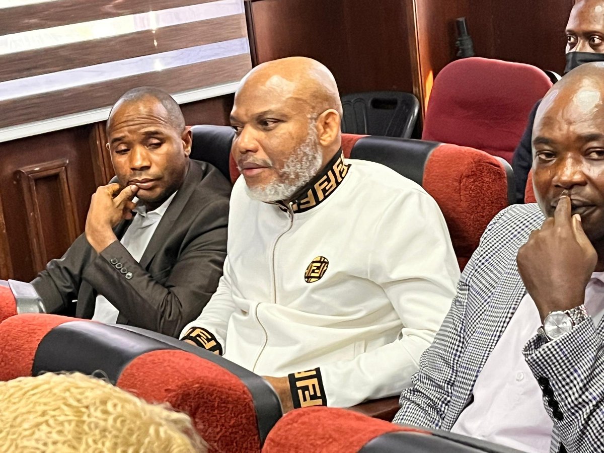 NTANewsNow's tweet photo. TERRORISM TRIAL OF NNAMDI KANU; ALL  SENIOR ADVOCATES WITHDRAW FROM REPRESENTING THE DEFENDANT

At the resumed hearing of his terrorism trial, the leader of the Indigenous people of Biafra, Nnamdi Kanu has challenged the jurisdiction of the federal high court to continue his trial.

The development followed the withdrawal of all Senior Advocates representing the defendant from the matter.
Nnamdi Kanu in his oral presentation before the court, alleged that the court of appeal has discharged him in his verdict.

Nnamdi kanu by the order of the court is expected to open his defence this thursday.

The presiding judge, justice James Omotosho ruled that the defendant should open his defence as jurisdictional issues and all others can be challenged at the court of appeal or included in his final written address.

The court  therefore adjourned the matter till 24th october, 2025 for the defendant  to commence his defence.
Kanu had earlier listed 23 witnesses  to testify in his matter.

Nnamdi kanu is facing trial on a seven-count charge bordering on terrorism.