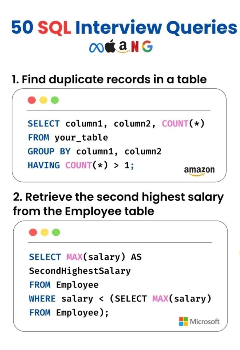 dip_roy_1's tweet photo. I’m deleting this soon… but here’s a 1-page sheet that covers
the 50 most asked SQL interview queries 💾

Simple. Compact. Job-Ready. 🚀

To grab it ⤵️
✅ Follow (so I can DM you)
❤️ Like + 🔁 Retweet
💬 Comment “Send”

Last chance before it’s gone 👀 https://t.co/79tjxnfv6V