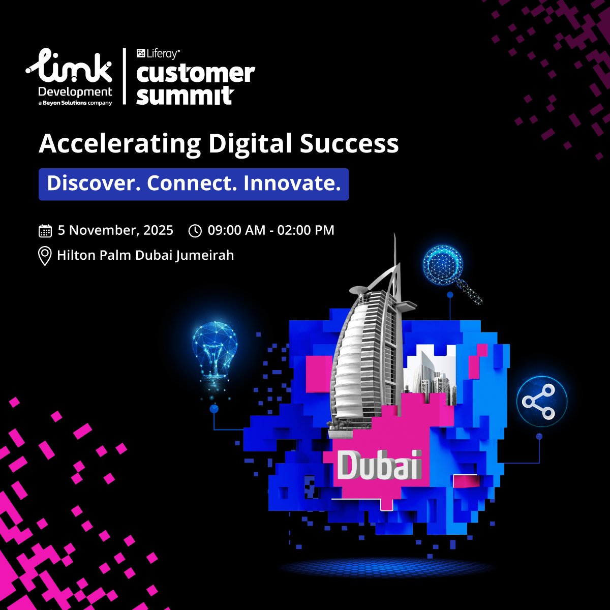 linkdevelopment's tweet image. Mark your calendar for November 5ᵗʰ – Liferay Customer Summit 2025 is coming to Dubai!
As Diamond Sponsor, Link Development invites you to join fellow customers and partners at the Hilton Palm Dubai Jumeirah for an inspiring half-day of success stories, innovation showcases,…