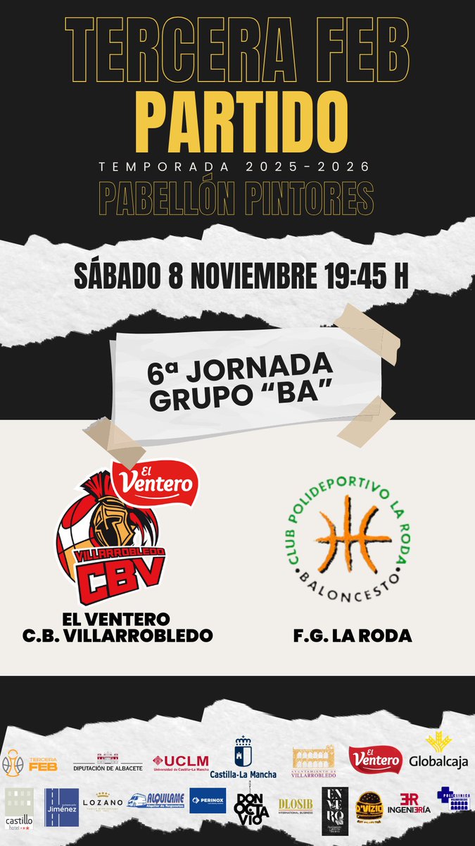 |TERCERA FEB | 𝟔ª 𝐉𝐎𝐑𝐍𝐀𝐃𝐀
8/11/25 19:45 h Pab. Pintores
🔴El Ventero <a href="/CBVillarrobledo/">El Ventero CBV</a>
🟢<a href="/FGLaRoda/">Fundación Globalcaja La Roda 🏀</a> 
Semana de derbi, un auténtico partidazo contra el favorito al ascenso a Segunda FEB esta temporada.
No te lo puedes perder!!!
<a href="/VdoDiario/">Miguel Parreño López1</a>
<a href="/SomosGlobalcaja/">Globalcaja</a>