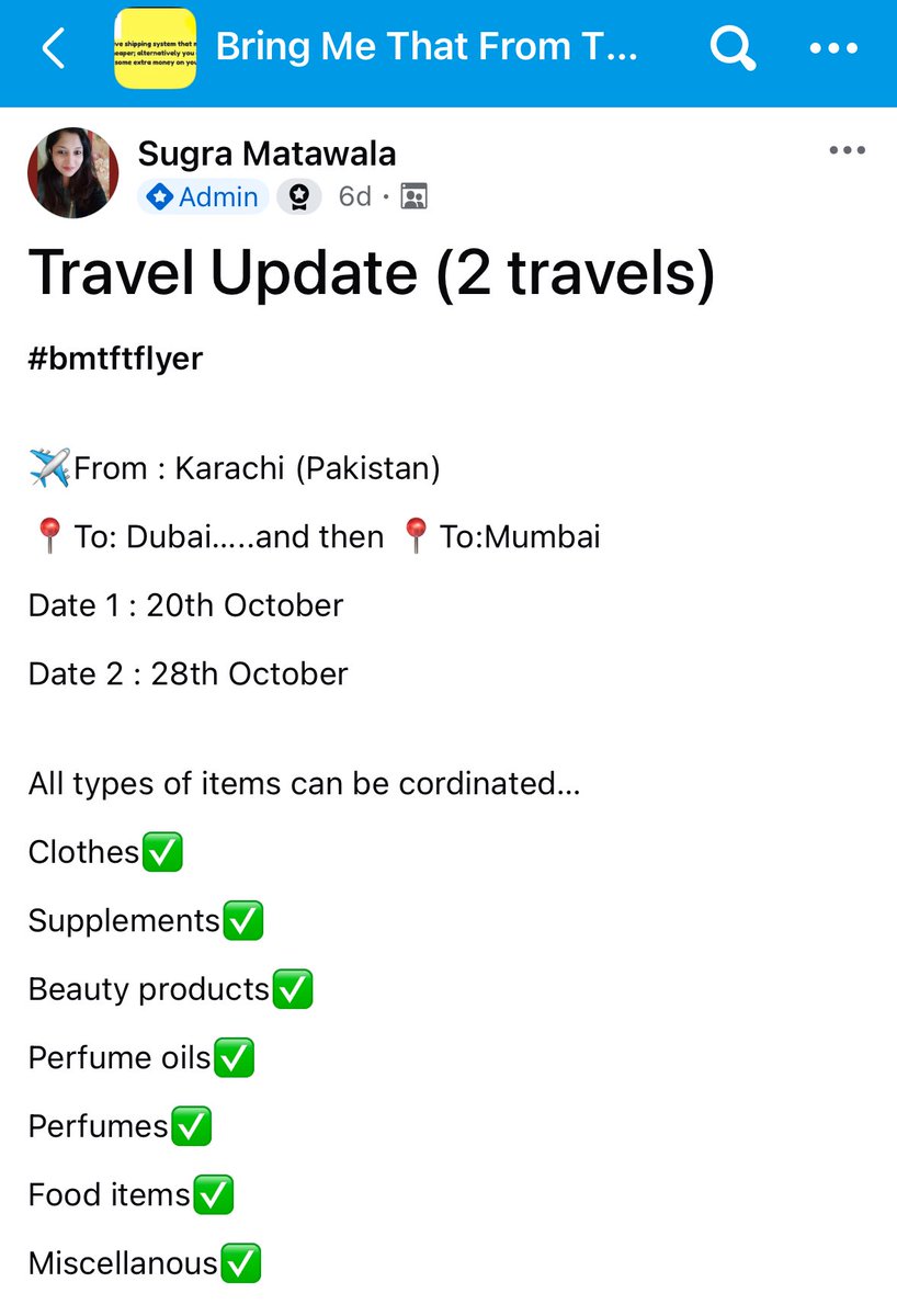 wintrackinc's tweet image. Shared in national interest:
The Facebook group BMTFT (Bring Me That From There) delivers Pakistani products from Dubai to Mumbai via regular travelers.
@mumbaicus3 @DRI_Mumbai @mumbaicus1 @cbic_india
Is there a policy allowing import of goods from Pakistan by passengers ?…