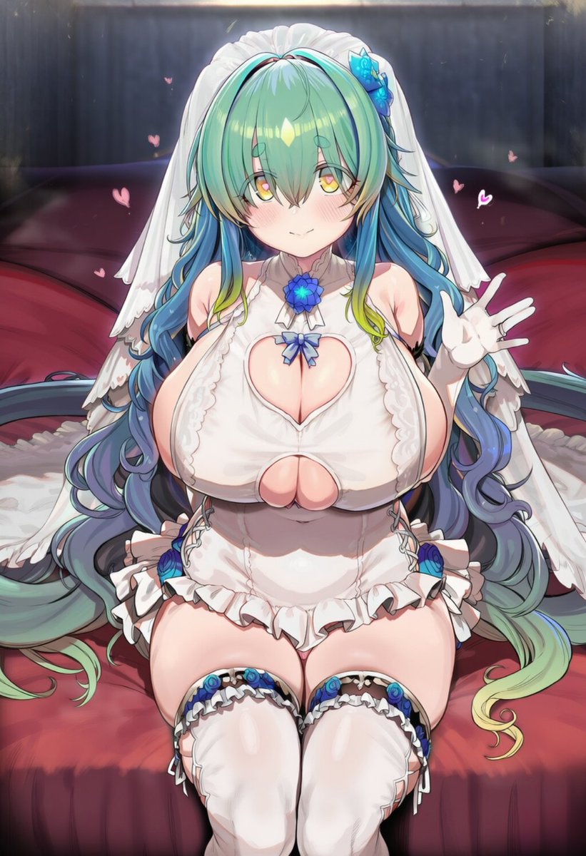たまには健全なウエディングドレスを出す、そういう日もある。
衣装のプロンプト。
2::wedding dress, white veil, sleeveless, side cross-laced, flower-trimmed, heart cutout, cleavage cutout, underboob cutout, dress ribbon, dress flower, blue flowers ornament, frill skirt, frill-trimmed 
