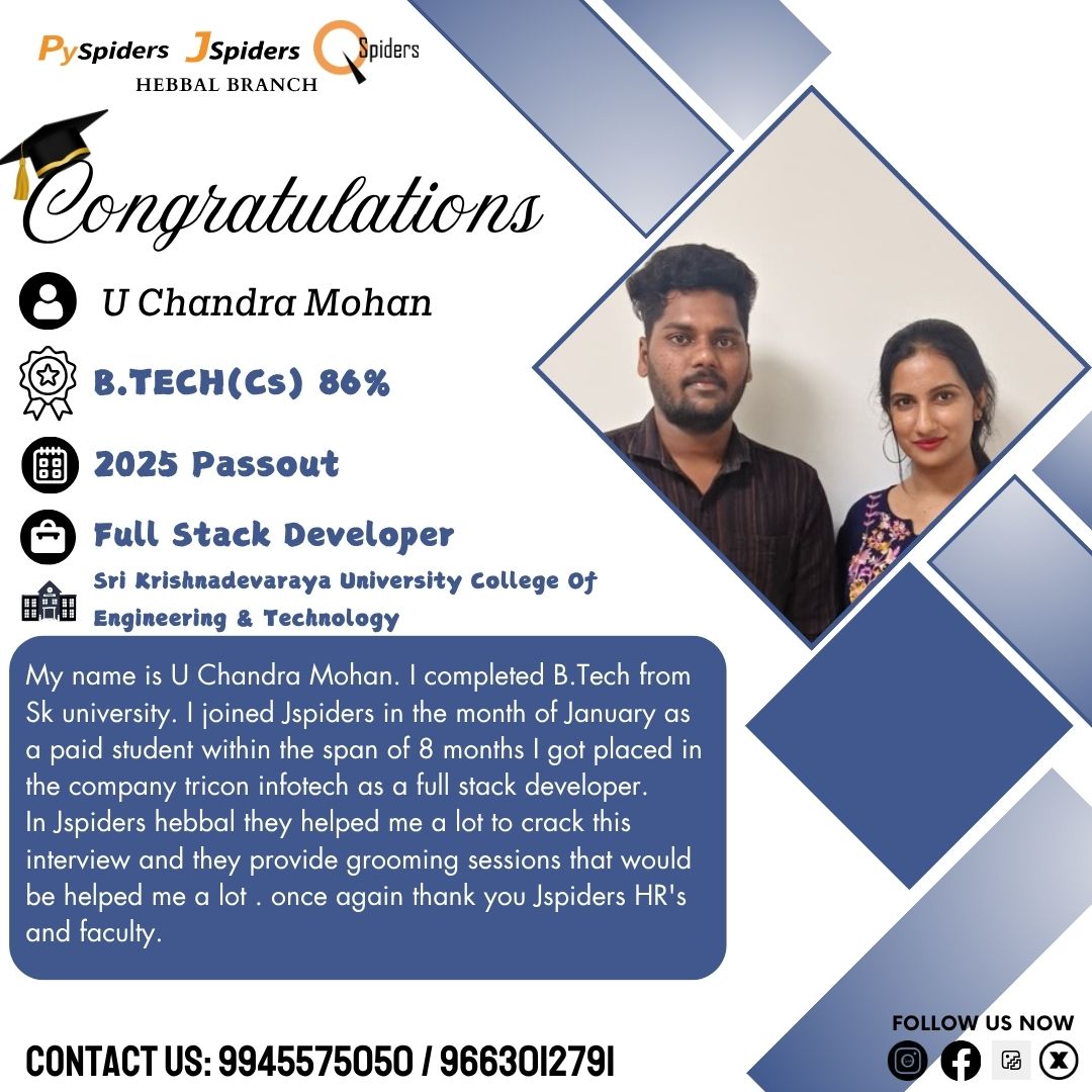 QspidersHebbal's tweet image. 🎉 Congratulations to U Chandra Mohan on your amazing achievement!
B.TECH (CS) – 86% | 2025 Passout 🎓
📞 Contact: 9945575050 / 9663012791
Hashtags:
#CareerGoals #JspidersHebbal #PyspidersHebbal #SriKrishnadevarayaUniversityCollegeOfEngineeringAndTechnology