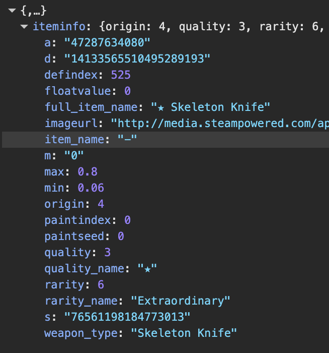 4lve_sol's tweet image. I tried the new knife trade up feature and got a Skeleton Knife Vanilla. Normally these still have a hidden float. Mine has 0.

Reason this isn&apos;t on #1 of csfloat is due to the code having a special exception for the Vanilla Karambit github.com/csfloat/inspec…