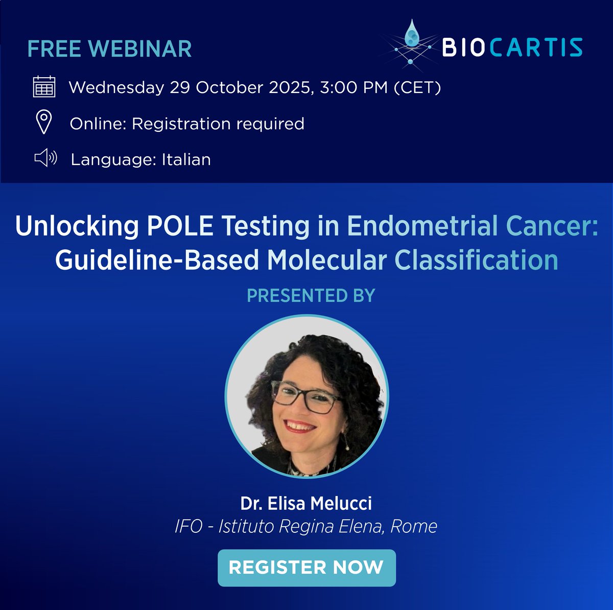 JOIN OUR FREE WEBINAR: Unlocking POLE Testing in Endometrial Cancer: Guideline-Based Molecular Classification    
📅 Wednesday 29 October, 3:00 PM (CET)     
🗣️Italian       

👉Save your spot: register.gotowebinar.com/register/70701…