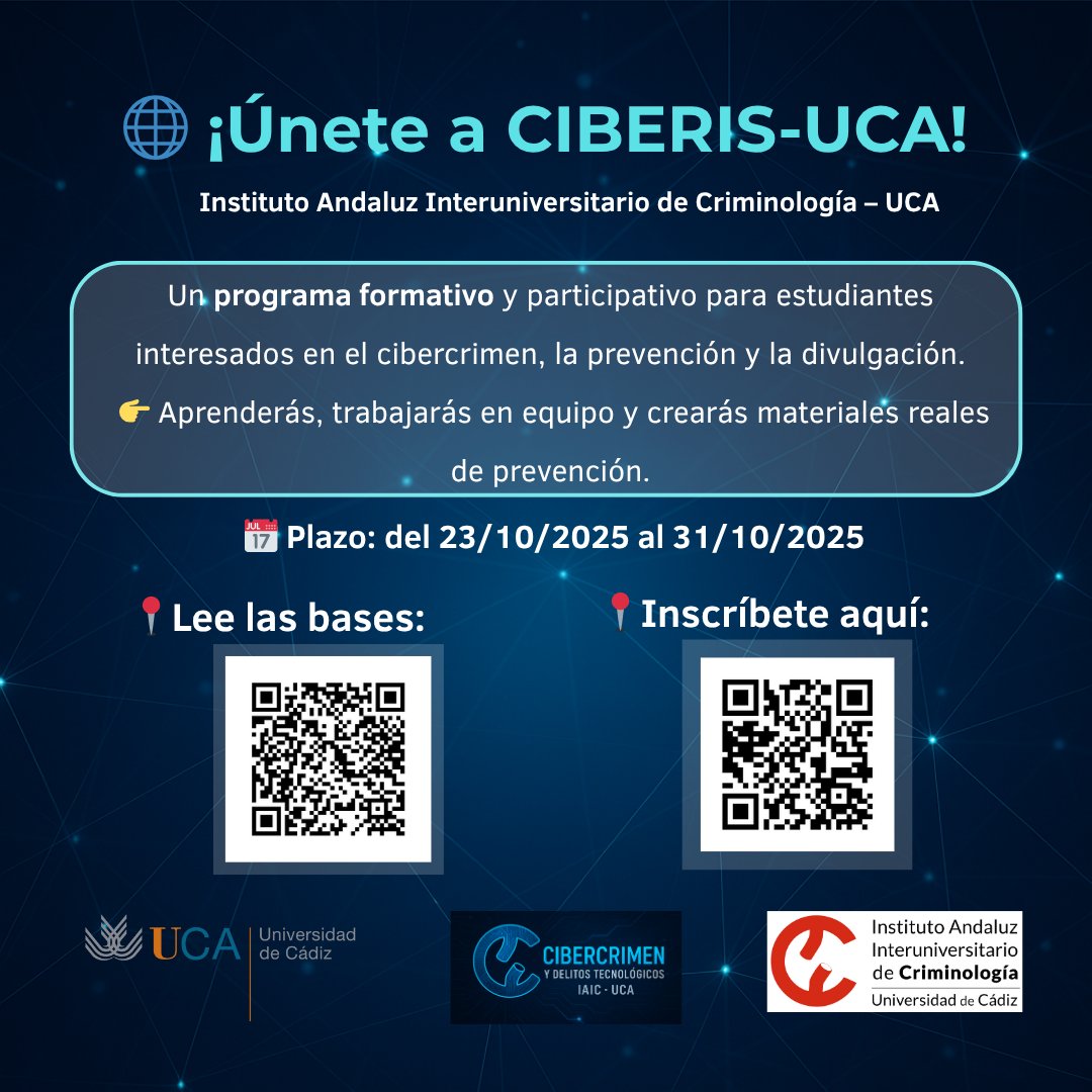 IAIC_Cadiz's tweet image. ¿Interesad@ en cibercrimen, prevención y divulgación? ¡Participa en CIBERIS-UCA!🚀
Formación, equipo y experiencia real en un proyecto de la Sección de Cibercrimen
🕐 Hasta el 31 de octubre
📜 Plazas limitadas.
#Cibercrimen #CriminologíaUCA #UCA #CIBERIS