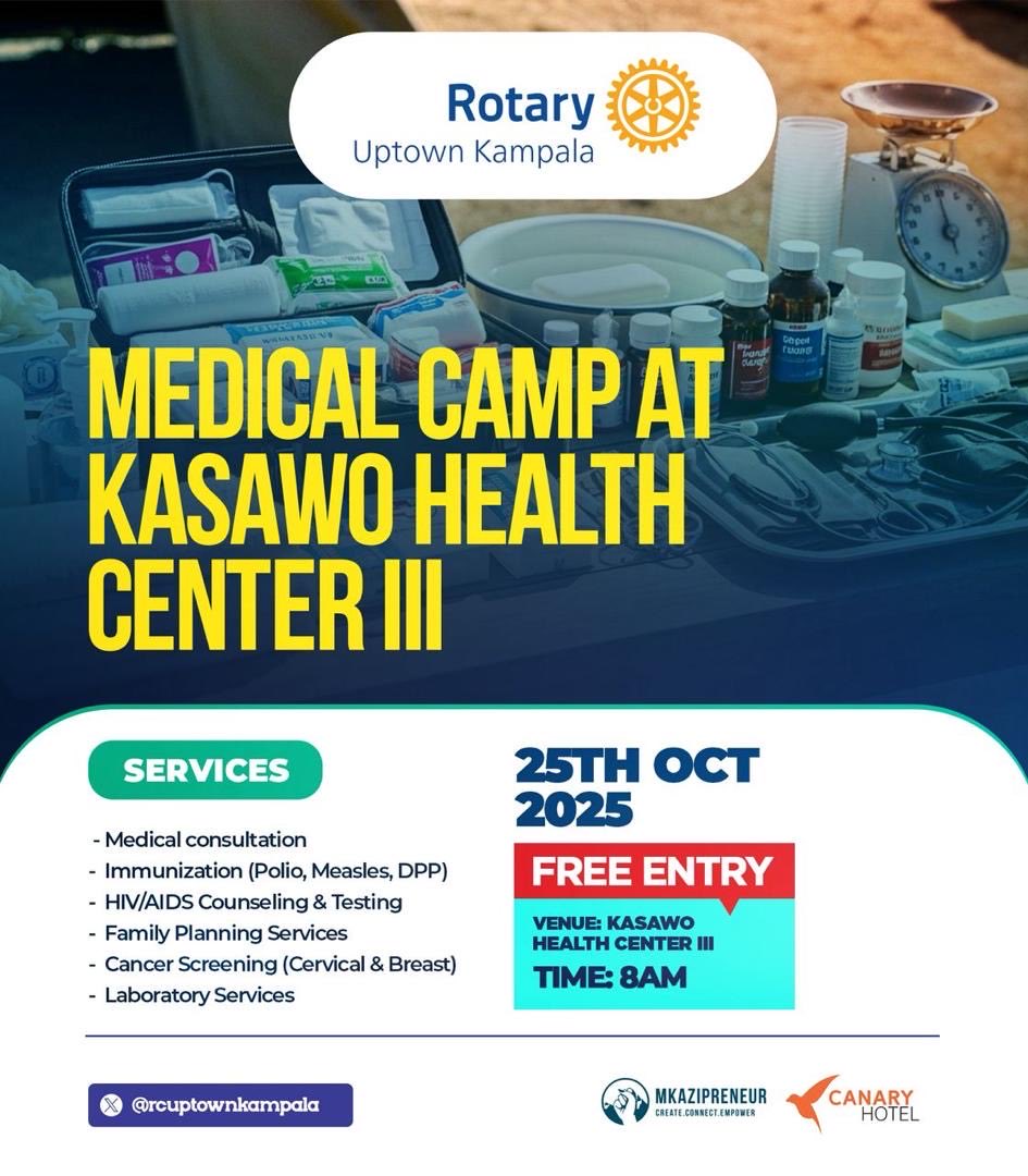 rcuptownkampala's tweet image. Medical Camp Alert! 🚨💊 

Our Rotary club is hosting a FREE medical camp this Saturday, 25 October! 🤝 Get:
🔹Polio &amp;amp; Measles immunization
🔹HPV vaccination
🔹HIV counseling &amp;amp; testing
🔹Family planning services
🔹Cancer screenings

Join us &amp;amp; let's serve our community!…