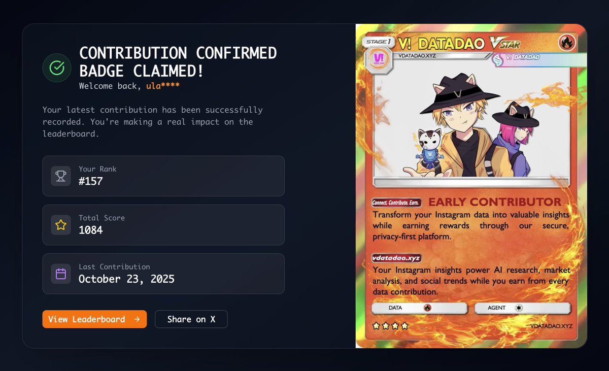 I just contributed to <a href="/v_on_vana/">V</a> on vdatadao.xyz and claimed my early contributor badge for building the future of data ownership!