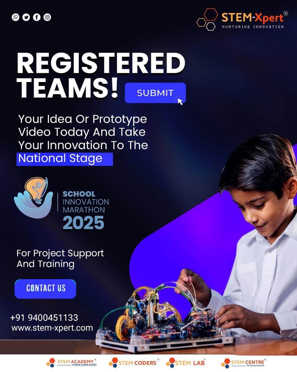 Registered teams — it’s your time!
Submit your idea or prototype video &amp; take your innovation to the national stage 
🌐 Website: stem-xpert.com
📞Phone: +91 9400451133
📲 Instagram: <a href="/stem/">Stem</a>_xpert
📲 Facebook: @STEM-Xpert
#STEMXpert #SchoolInnovationMarathon #STEMEducation