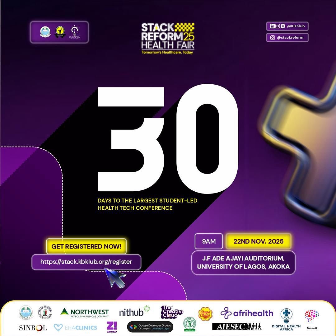 KBKLUB's tweet image. 30 DAYS TO GO! 🚀🔥

The countdown to the largest student-led health tech conference has officially begun!

🗓️ Nov 22nd, 2025
📍 J.F. Ade Ajayi Auditorium, UNILAG
👉🏽 Register now: stack.kbklub.org/register

#StackReform25 #Stackreform #Stack25 #Stack