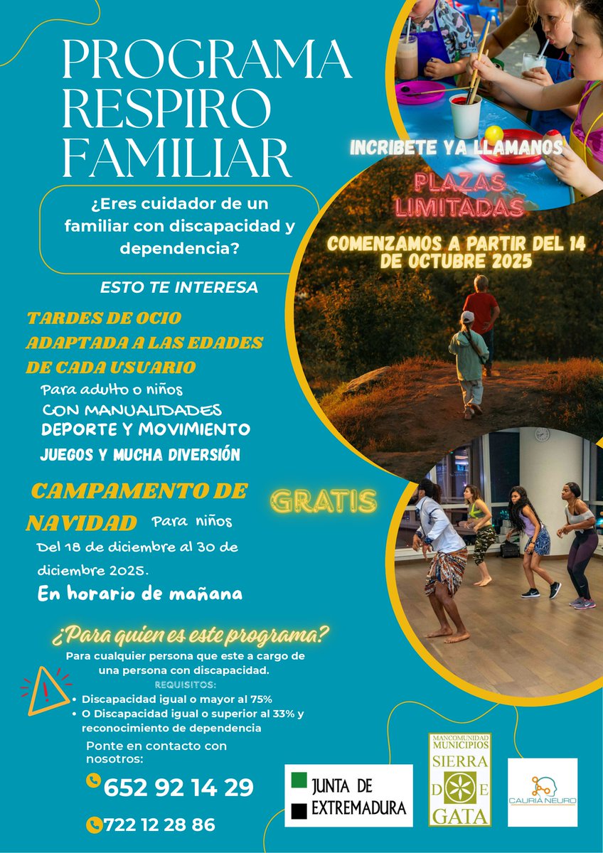 🧩 ¿Cuidas de un familiar con discapacidad?
¡El Programa Respiro Familiar es para ti! 🎉
✔️ Actividades de ocio adaptadas
✔️ Campamento de Navidad
✔️ ¡GRATIS y con plazas limitadas!
📅 Comienza el 14/10/2025
📲 Info: 652 92 14 29 / 722 12 28 86
