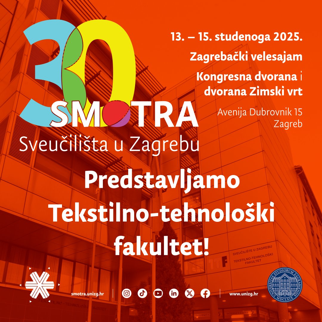 🔜🎊 [𝟛𝟘. 𝕊𝕄𝕆𝕋ℝ𝔸 – predstavljamo 𝗧𝗲𝗸𝘀𝘁𝗶𝗹𝗻𝗼-𝘁𝗲𝗵𝗻𝗼𝗹𝗼𝘀̌𝗸𝗶 𝗳𝗮𝗸𝘂𝗹𝘁𝗲𝘁] 🕵️‍♀️🌐

ℹ️🏫 Informacije o upisu, studijskim programima i studentskom životu na TTF-u potraži na 🔗👉 ttf.unizg.hr/smotra-2025/222

🤩 𝗩𝗶𝗱𝗶𝗺𝗼 𝘀𝗲❗️

#UniZg #mojesveuciliste #ttf