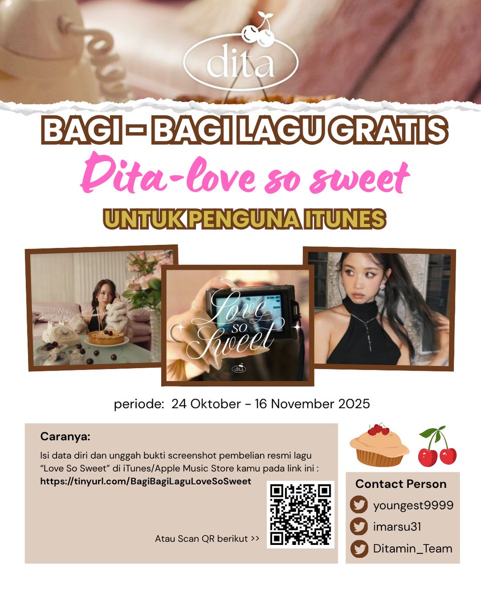 💙 Bagi-bagi untuk Pembeli “Love So Sweet” — Dita (iTunes Only)

Buat yang udah beli di iTunes, kami buka klaim reimbursement.
Caranya gampang: isi data &amp; unggah bukti pembelian di sini ➜ [tinyurl.com/BagiBagiLaguLo…]

#DITAKARANG #DITA 
#DITAMIN #LoveSoSweet 
#DitaSoloDebut