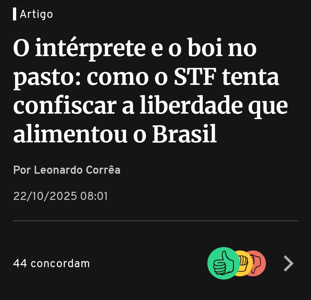 🔥 O Intérprete e o Boi no Pasto – Como o STF tenta confiscar a liberdade que alimentou o Brasil

🐄 Houve um tempo em que o Brasil confiscava bois. Hoje, tenta confiscar a liberdade.

De ontem a hoje, muda o disfarce — mas o instinto de controle é o mesmo. ⚖️

No novo artigo