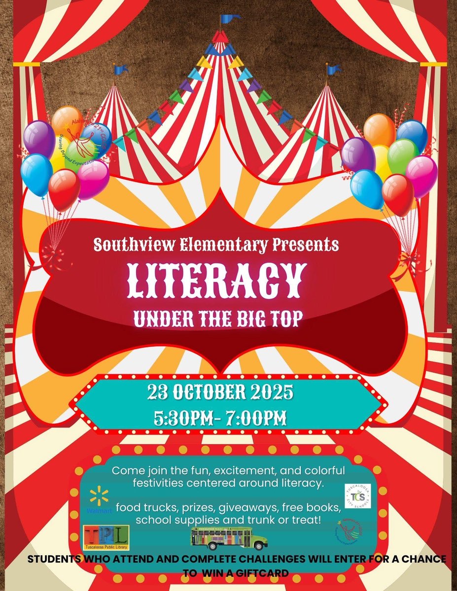 Join us tonight from 5:30–7:00 PM for Literacy Under the Big Top! 🎉

Enjoy food trucks, giveaways, free books, trunk-or-treat fun, and exciting challenges for a chance to win a gift card! 📚🎈