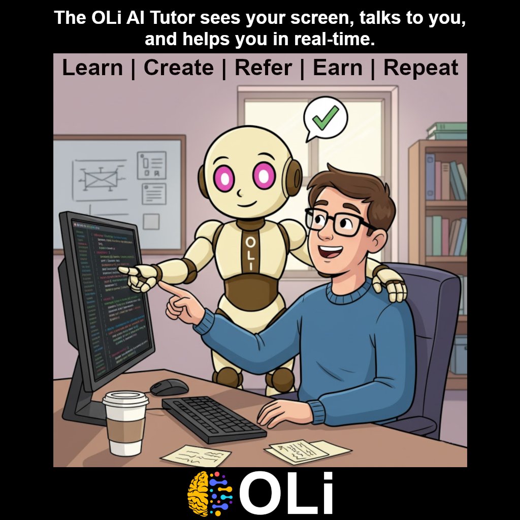Alamase85's tweet image. ๐จโ๐ป Learning and Studying doesnโt need to feel like a solo mission.
The OLi AI Tutor sees your screen, talks to you, and guides you in real-time.
Learn smarter, learn faster, and turn every challenge into progress.
๐ Learn | Create | Refer | Earn | Repeat
#OLi #AI #Education