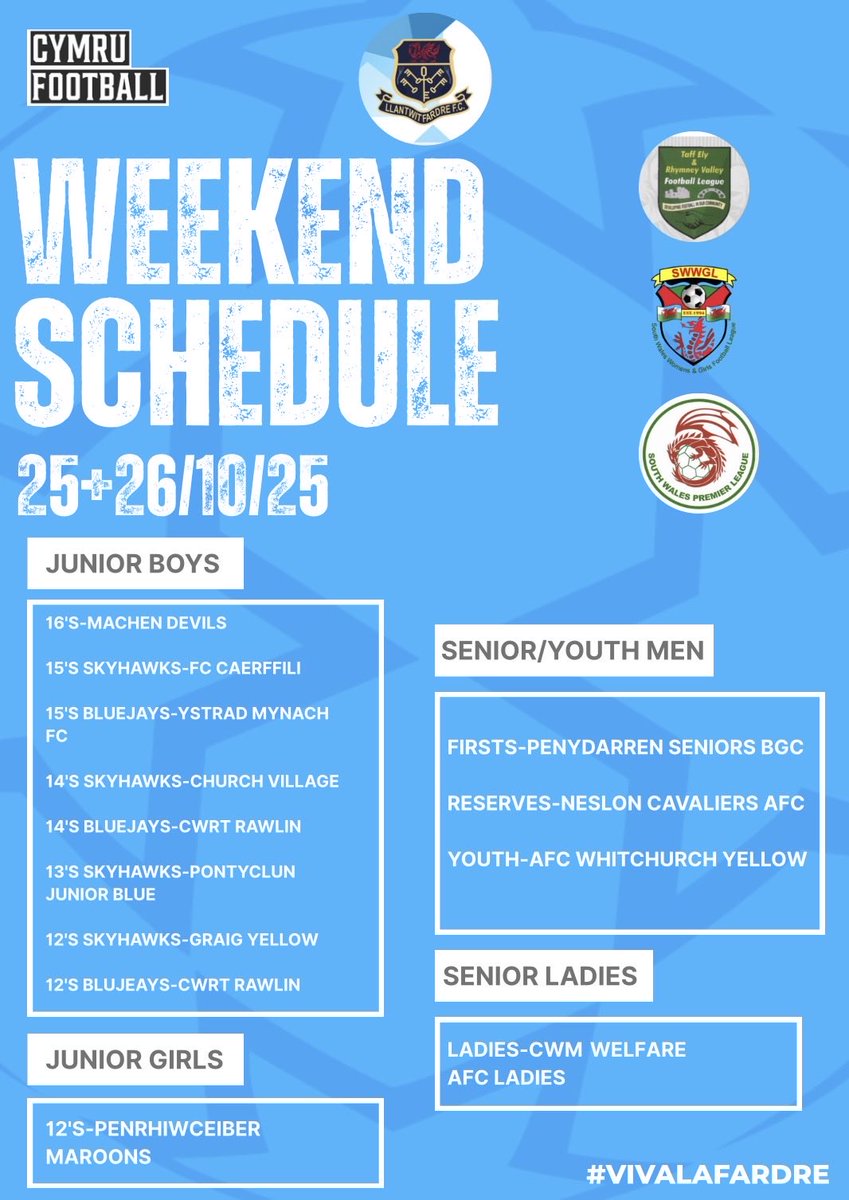 Here is our club schedule for all competitive fixtures this weekend🔵🩵

#VivaLaFardre #LlantwitFardreFC #llantwitfardreladiesfc