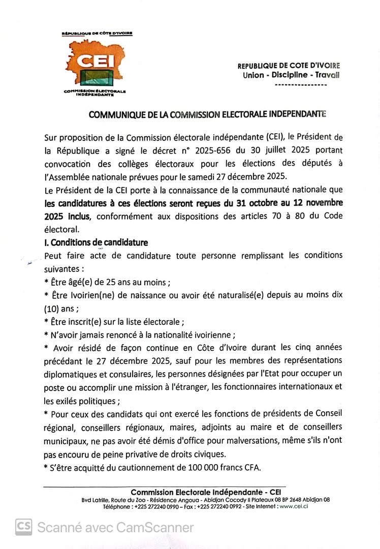 Cotedivoireoff_'s tweet photo. Communiqué de la Commission Électorale Indépendante (CEI) du 22 octobre 2025 relatif à la réception des dossiers de candidature à l'Élection des Députés à l'Assemblée Nationale (EDAN) https://t.co/B3p1WQaxwn