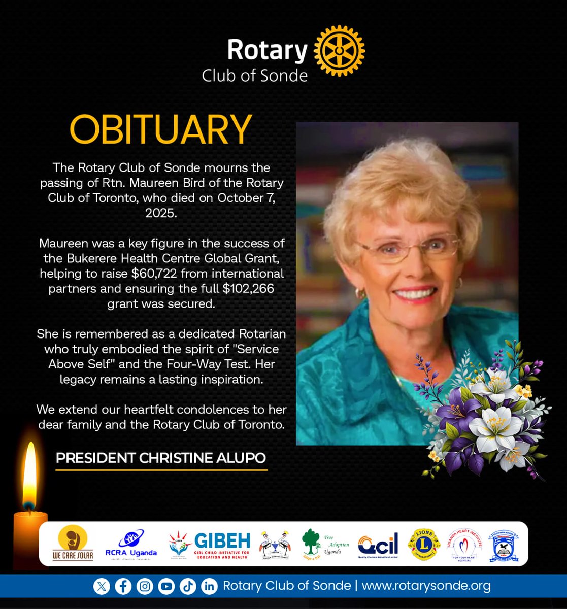 We mourn the passing of Rtn. Maureen Bird of Rotary Club of Toronto, who was instrumental in raising funds for the Bukerere Health Centre Global Grant. She passed away on 7th Oct 2025. Our heartfelt condolences to her family and the entire RC Toronto fraternity. RIP comrade!