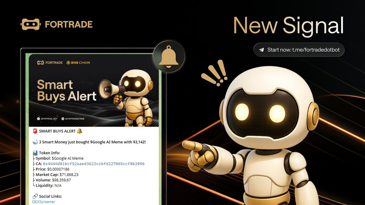 fortrade_bot's tweet photo. 🚨 NEW SMART MONEY SIGNAL ON https://t.co/W1msxsr6LU

🐋 3 Smart Money just bought $Google AI Meme with $3,142!

📊 Token info:
Symbol: $Google AI Meme
Contract: 0x4444d81bcf52aaed3623ccbfd227865ccf8b2096

Want the full alert? Trade from Telegram: https://t.co/8aR9GzpesN

Not financial advice. Trading involves risk.

#Fortradebot #Aster #BNBChain