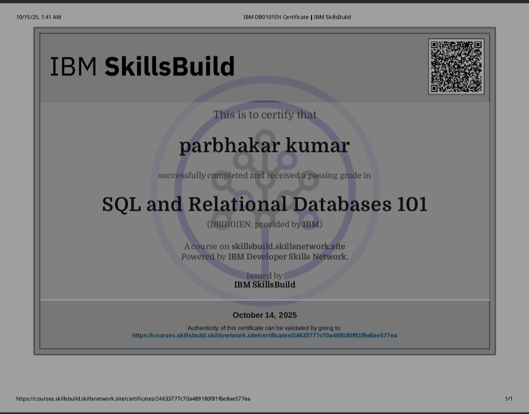Prabh__tech's tweet image. Thrilled to earn my @IBM SkillsBuild certificate in SQL and Relational Databases 101 with a passing grade! Grateful for the knowledge gained. Ready to level up! #SQL #Databases #IBMskillsbuild #Learning
