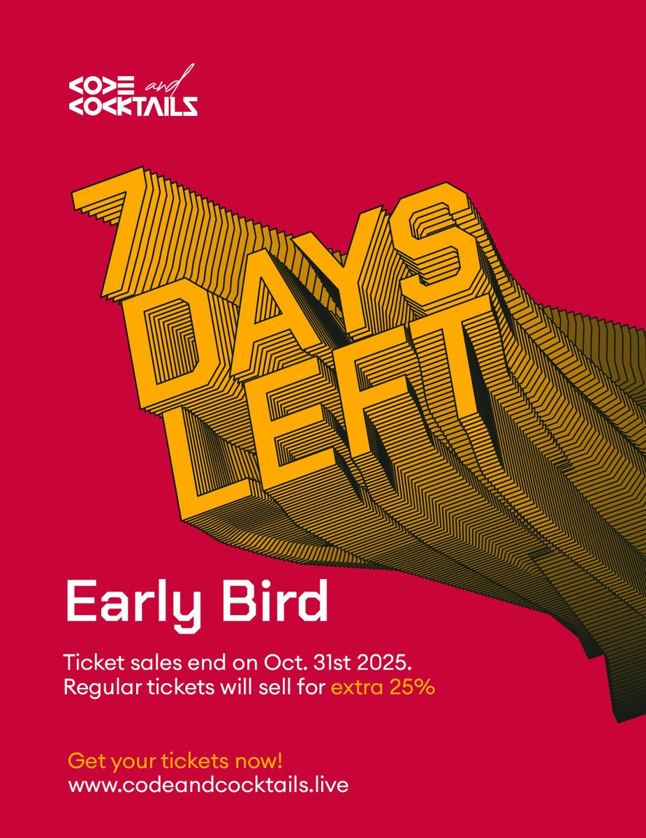 codeNcocktails's tweet photo. Early Bird ticket sales end on Oct 31st. 
Regular tickets will sell for extra 25%

Get your tickets now via https://t.co/dous98CyQ6 https://t.co/e2Rg21UtU6