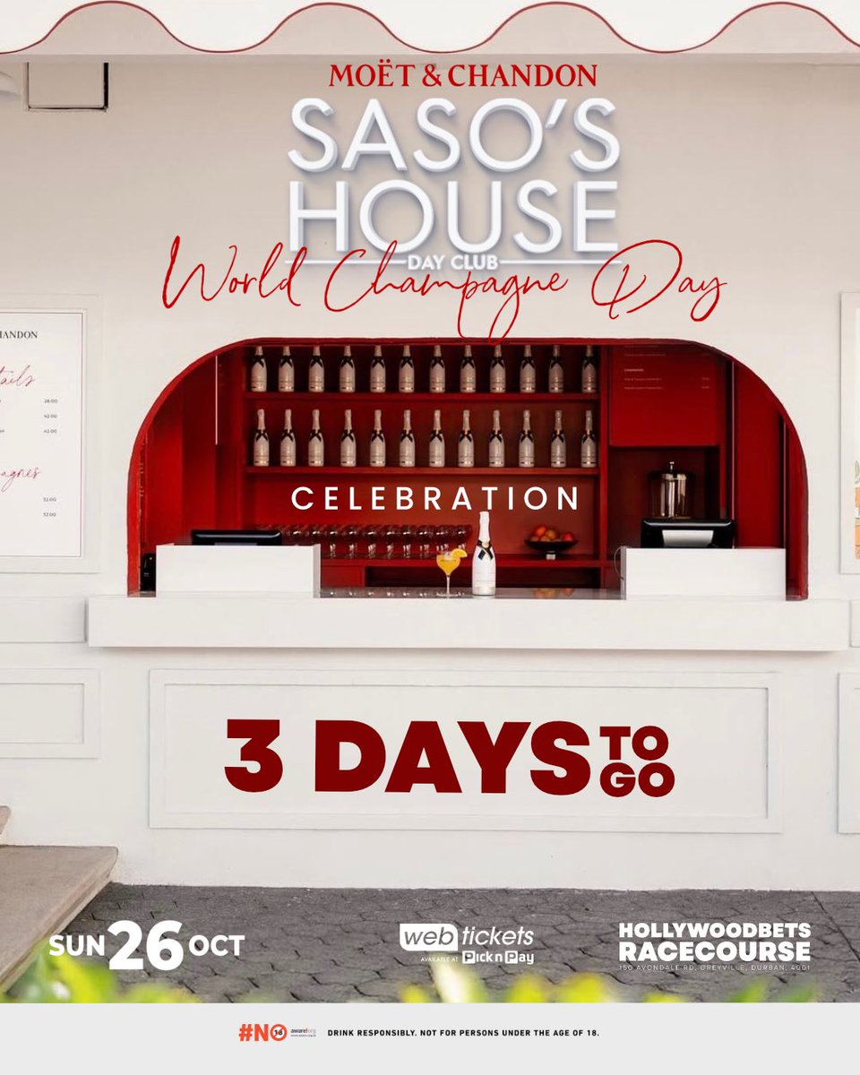 SasosHouse's tweet photo. 3 DAYS TO GO‼️GOT YOUR TICKETS? IS YOUR FIT READY? TABLE PACKAGE SECURED? 

The annual World Champagne Day celebration w/ @moetchandon is this Sunday 26 Oct @Hollywoodbets Racecourse 📍supported by. @StellaArtoisZA x @brutalfruitsa 🥂

NB‼️ SWIPE FOR IMPORTANT DETAILS >>> https://t.co/Uhq0BeiGeC