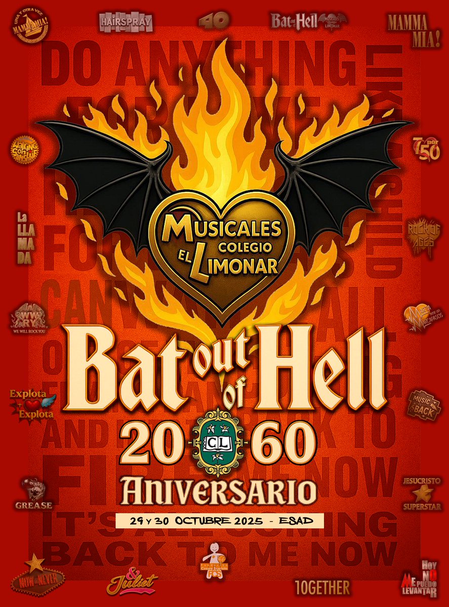 🎤🎶 ¡El Colegio El Limonar celebra su 60 aniversario con “Bat Out of Hell”🎤🎶
Antiguos alumnos regresan al escenario en un musical homenaje lleno de rock, emoción y solidaridad.
💛 A beneficio de la <a href="/FCScariolo/">Fund Cesare Scariolo</a>

🗓️ 29 oct – 20:00
🗓️ 30 oct – 17:00 / 20:30
📍 ESAD Málaga