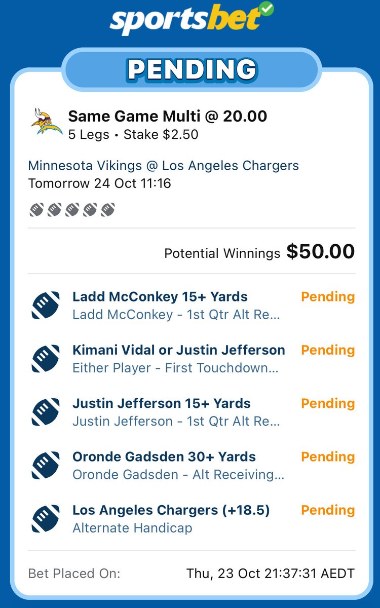 TNF Primetime 1st Q / 1st TD Lotto 🔥 

Volatile play so only light , but always fun!

Vidal OR Jefferson 1st TD Scorer
Ladd McConkey 15+ 1st Q Rec Yards
Jefferson 15+ 1st Q Rec Yards
Oronde Gadsden 30+ Rec Yards
Charger +18.5 Alt Handicap

$2.50 = $50 

Like if you are Tailing