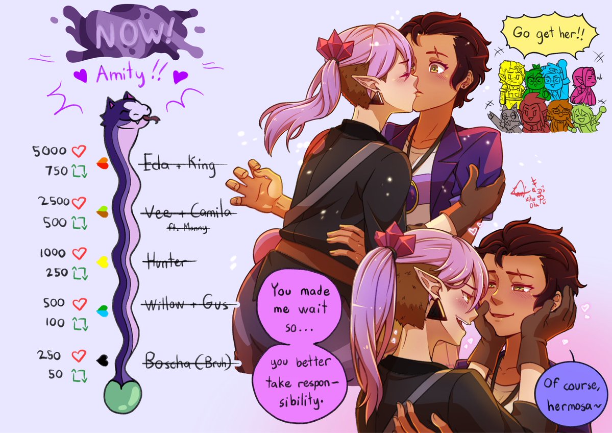 Kitsuneotaku03's tweet image. LAST tier, Amity!! The long-awaited kiss from her one and only awesome girlfriend~ 💜
She somehow got out of the vines by “the power of love” (as she said).
#TOH #TheOwlHouse #theowlhousefanart #LuzNoceda #AmityBlight #lumity