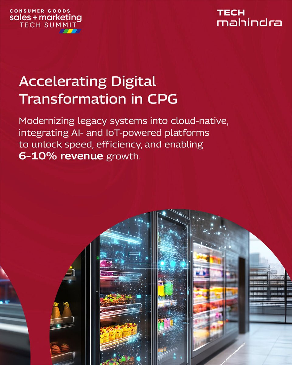 tech_mahindra's tweet image. Experience the next wave of #CPG transformation- powered by #AI, data, and digital platforms.

From predictive supply chains to personalized engagement, @tech_mahindra helps brands accelerate growth and loyalty.

Join us at Consumer Goods Sales &amp;amp; Marketing Tech Summit 2025 |…