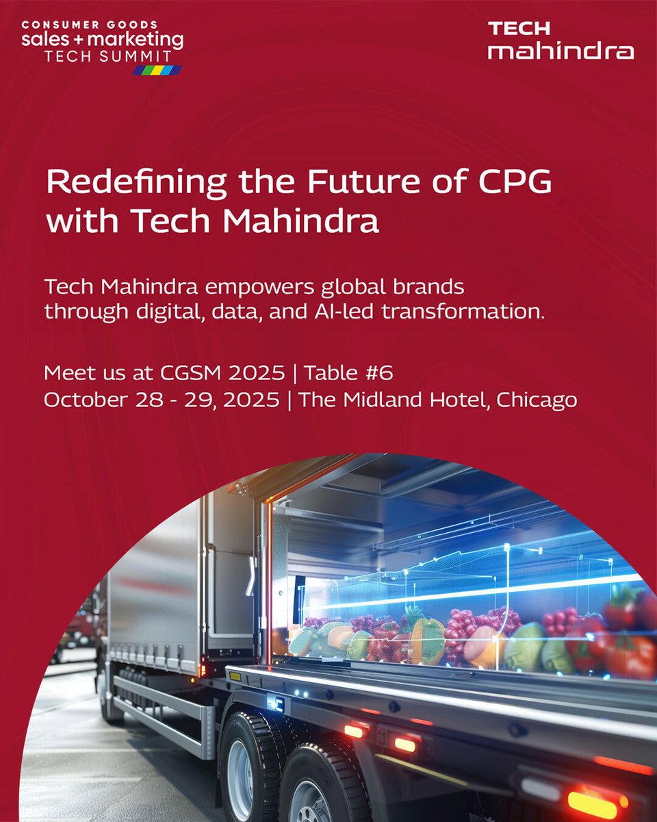 tech_mahindra's tweet image. Experience the next wave of #CPG transformation- powered by #AI, data, and digital platforms.

From predictive supply chains to personalized engagement, @tech_mahindra helps brands accelerate growth and loyalty.

Join us at Consumer Goods Sales &amp;amp; Marketing Tech Summit 2025 |…