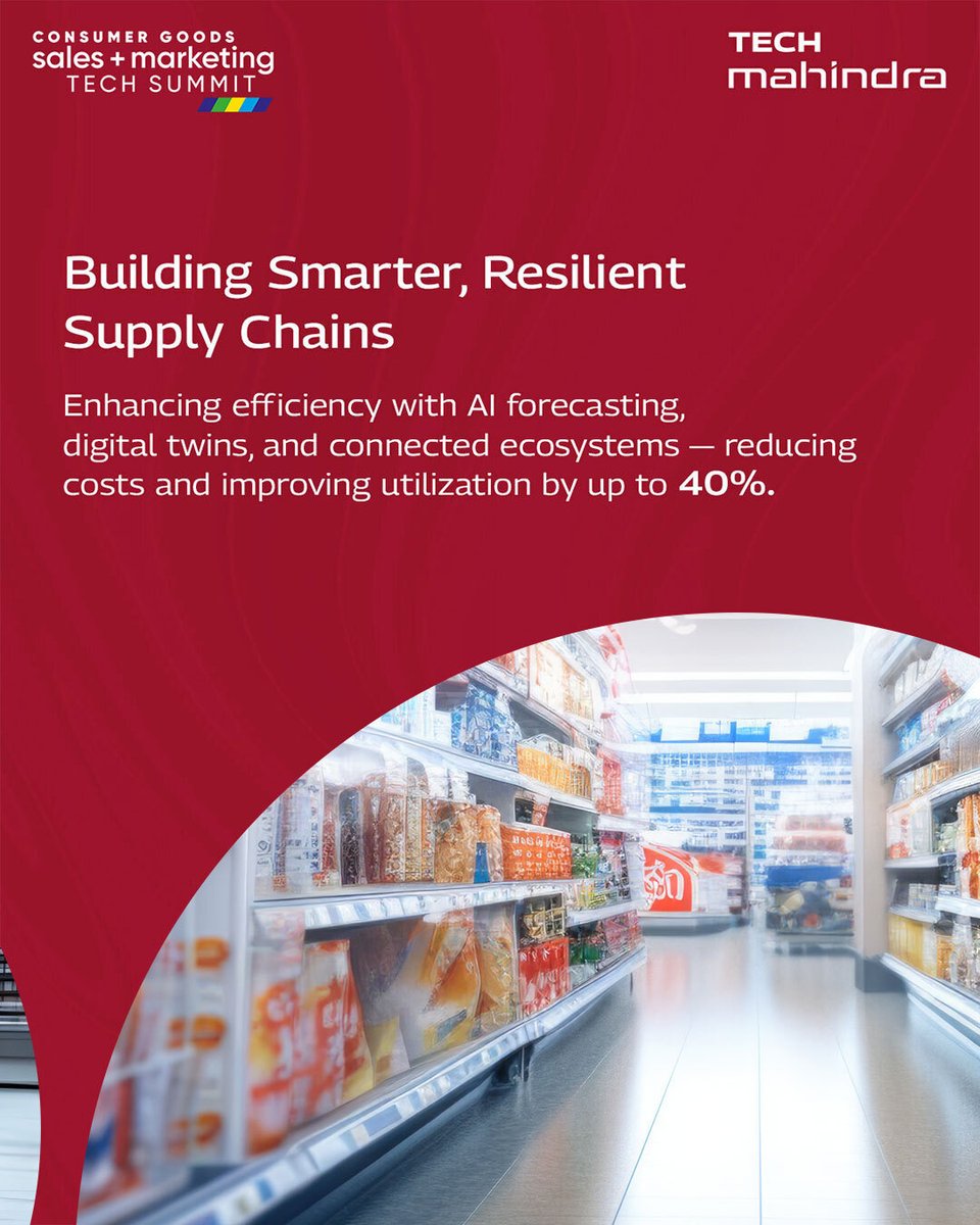 tech_mahindra's tweet image. Experience the next wave of #CPG transformation- powered by #AI, data, and digital platforms.

From predictive supply chains to personalized engagement, @tech_mahindra helps brands accelerate growth and loyalty.

Join us at Consumer Goods Sales &amp;amp; Marketing Tech Summit 2025 |…