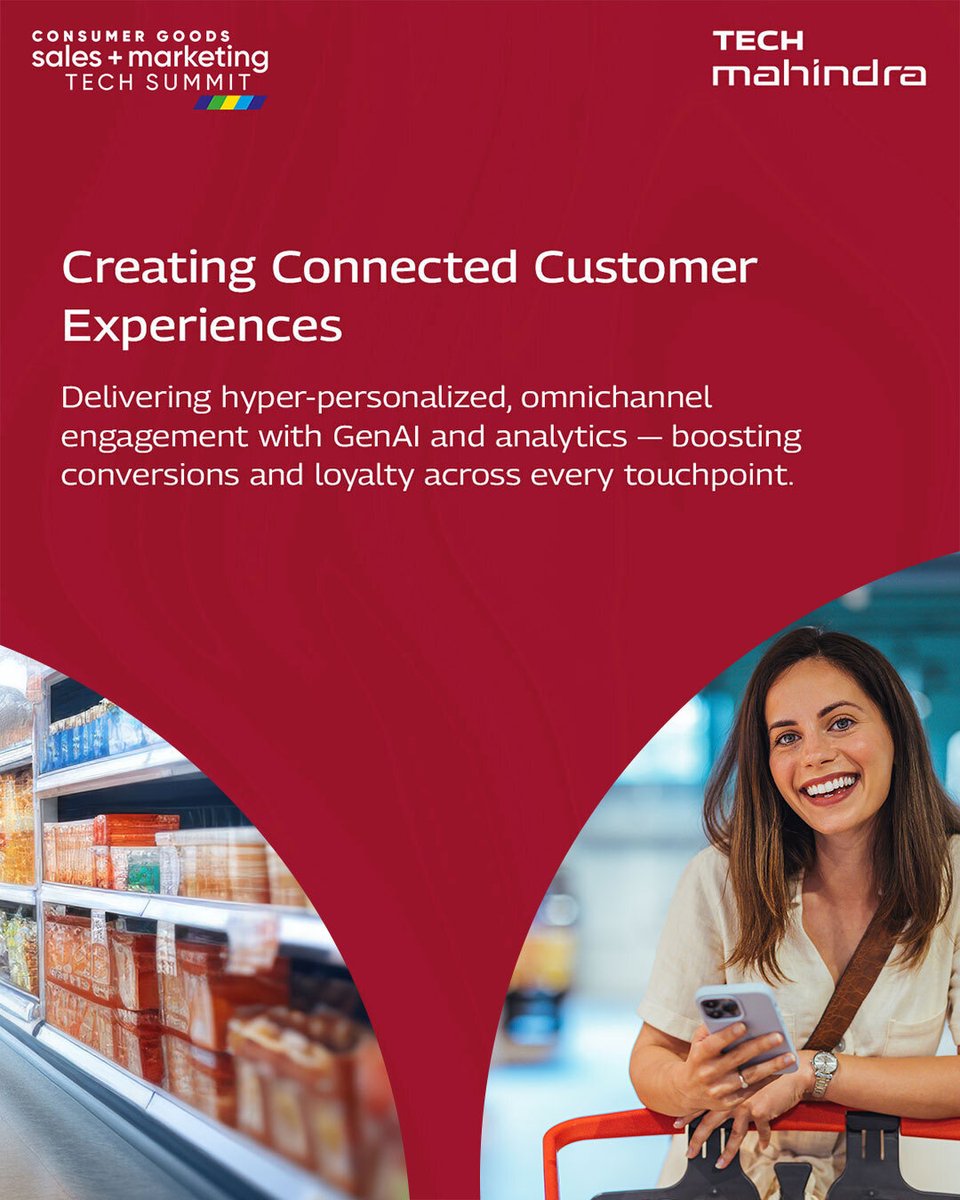 tech_mahindra's tweet image. Experience the next wave of #CPG transformation- powered by #AI, data, and digital platforms.

From predictive supply chains to personalized engagement, @tech_mahindra helps brands accelerate growth and loyalty.

Join us at Consumer Goods Sales &amp;amp; Marketing Tech Summit 2025 |…