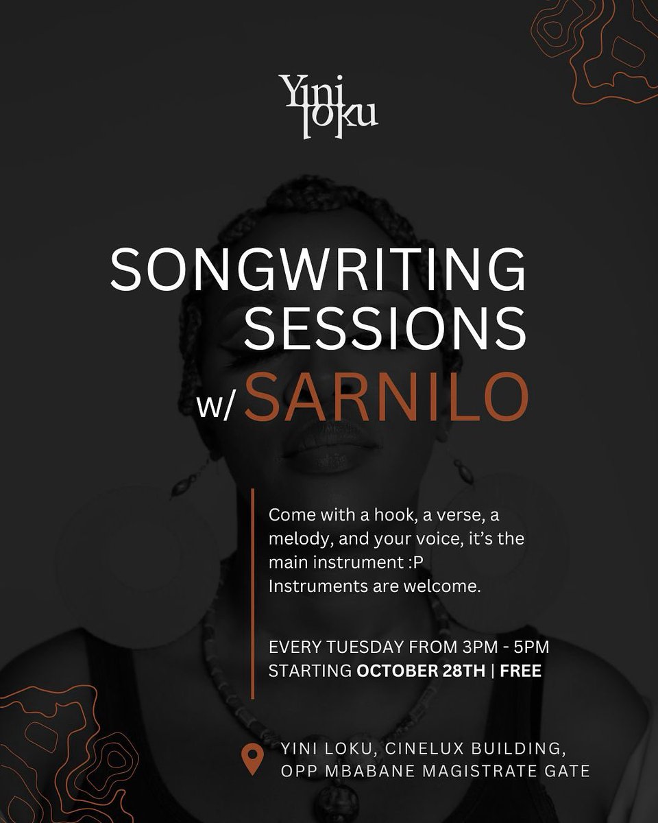 A pen, a beat, and a room full of ideas.📝

Free songwriting sessions every Tuesday at Yini Loku, 3–5PM 🎤
Facilitated by the talented <a href="/SarNilo/">MAKUHWALALA IS OUT!</a> 

A space for writers, musicians, and creatives who want to sharpen their pen, connect, and share ideas.✍️📝🎶