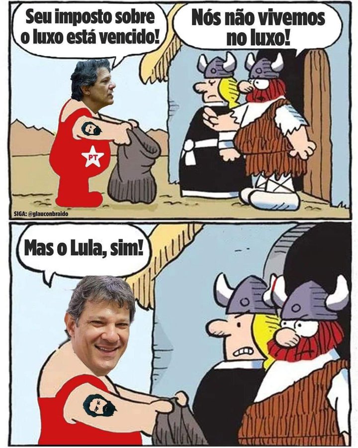 Two-panel cartoon in comic style. Top panel: Desert landscape with a doorway guarded by two Vikings in horned helmets and fur clothing standing inside; a large man with gray hair, beard, red shirt, star tattoo on arm, and shorts holds a gray bag outside the door; text above reads Se o imposto sobre esta o luxo esta vencido! Nos nao vivimos no luxo! and below SIGLA BRASIL. Bottom panel: Blue background with the same man smiling and handing the bag to a Viking woman in black dress and helmet; text reads Mas o Lula sim! and below SIGLA BRASIL.