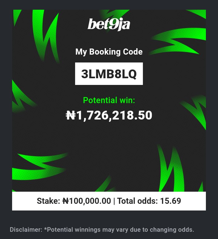Andrew_john (@andrew_john0) on Twitter photo We go again today with <a href="/Bet9jaOfficial/">Bet9ja: The home of #betBOOM! 💣</a>
Yesterday we won ✔️✔️✔️ boom slip dropping later
3LM9KFL➡️ 4 odds
3LMBHBX➡️ 12 odds
3LMB7NF➡️ 15 odds
Do the needful 💲💲💲
Sign up and stake 🔗 url-shortener.me/2TED
#Bet9jaCode
Gamble responsibly 🔞🔞📣📣📣 We go again today with <a href="/Bet9jaOfficial/">Bet9ja: The home of #betBOOM! 💣</a>
Yesterday we won ✔️✔️✔️ boom slip dropping later
3LM9KFL➡️ 4 odds
3LMBHBX➡️ 12 odds
3LMB7NF➡️ 15 odds
Do the needful 💲💲💲
Sign up and stake 🔗 url-shortener.me/2TED
#Bet9jaCode
Gamble responsibly 🔞🔞📣📣📣