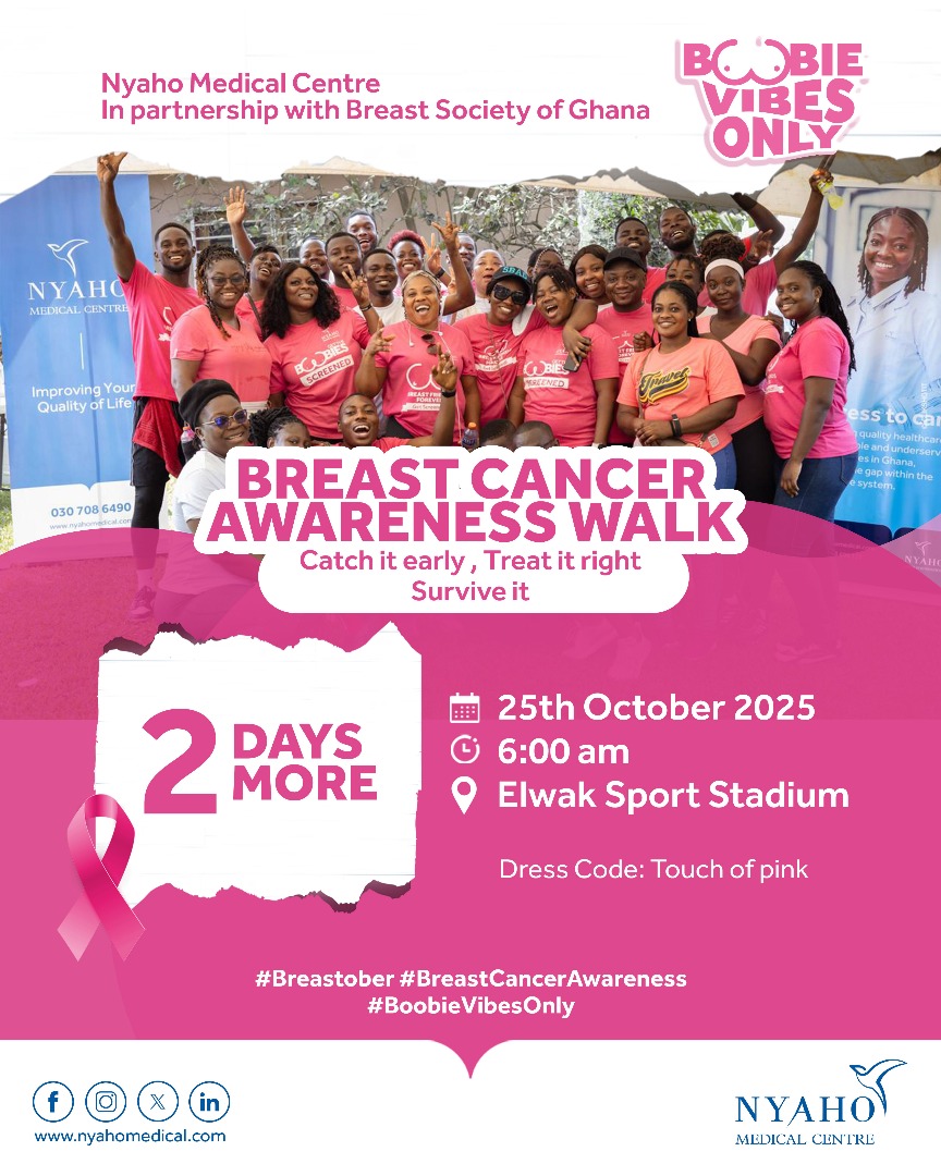 🎀 Just 2 Days to Go! 💕
Let’s walk together to raise awareness, spread hope, and support early detection.

📍 Elwak Sports Stadium | 🕕 6:00 am | 👚 Dress Code: A touch of pink
#BoobieVibesOnly #Breastober #BSoG #Nyaho