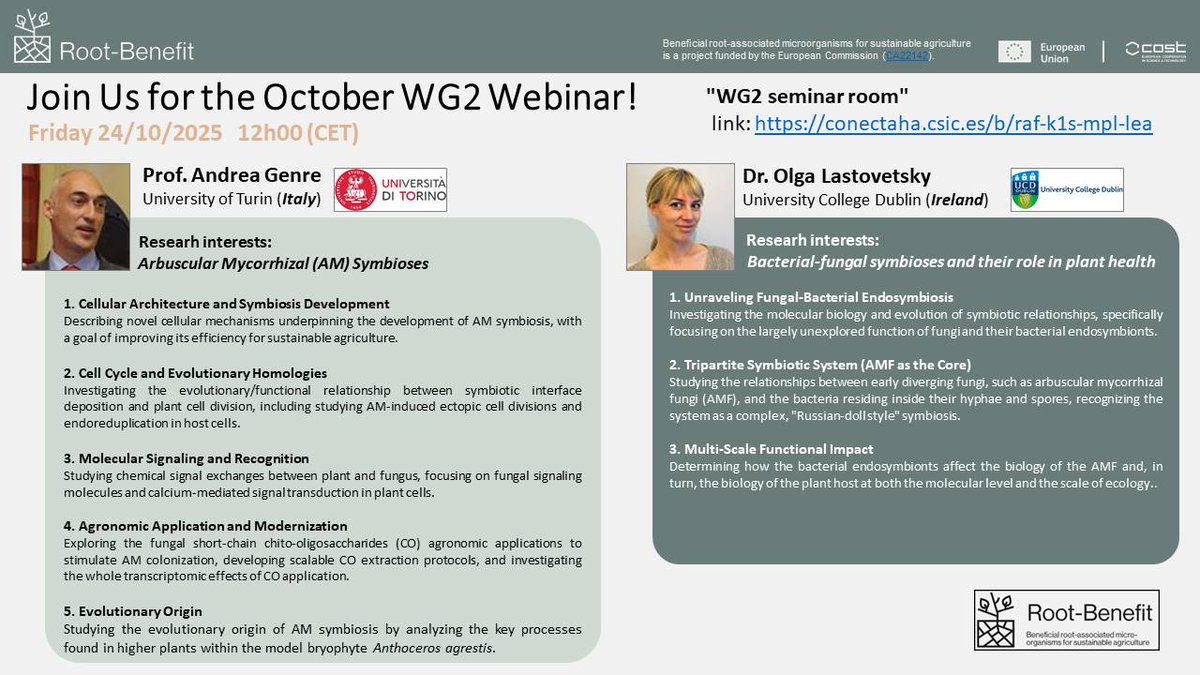 📢 It is tomorrow!!!
The first webinar in our second WG2 series!! 
We will have the pleasure of having two excellent speakers: 
- Prof. Andrea Genre (University of Turin, Italy).
- Dr. Olga Lastovetsky (University College Dublin, Ireland)
#plantmicrobe #costaction #rootbenefit