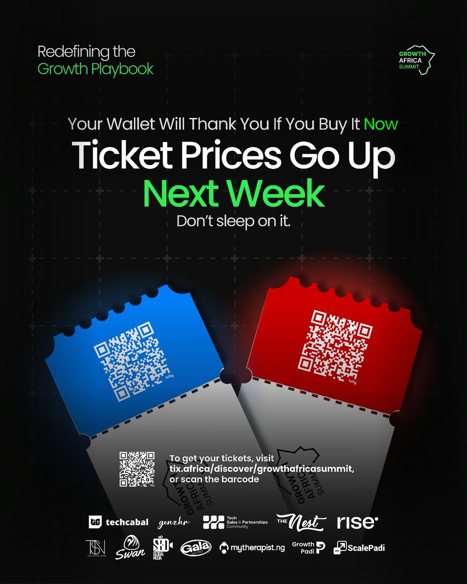 GASbygrowthpadi's tweet photo. 🚨 Ticket prices go up next week! Your wallet will thank you if you grab yours now. Don’t sleep on #GAS2025 Africa’s biggest growth experience.
Grab your tickets now 👉  https://t.co/7obwgZPXLv https://t.co/uRJjCA4AD5